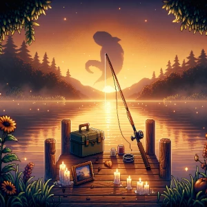 A peaceful lakeside memorial scene at golden hour. A lone fishin...
