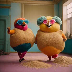 Two rooosters, one a bit fat pecks grains and wear glasses and a...