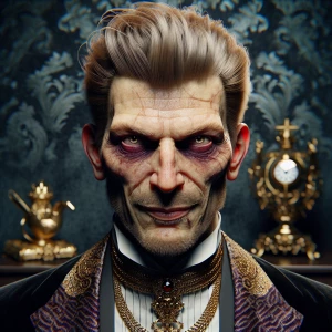 Generate a hyper-realistic image of a man exuding extreme corrup...