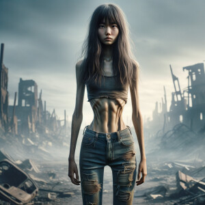 Skinny and thin Asian teen girl wearing skin tight jeans that are worn and frayed, long hair and bangs heroic ready to fight stance