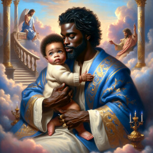 Classical oil painting style depicting an African-American Jesus...