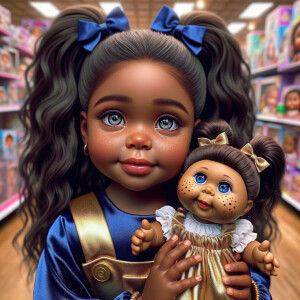 Create a 3-D image of an african-American little girl inside of a medium size, toy store. The little girl has thick long, ponytails and huge blue eyes. She has on a gold and blue jumpsuit with matching bows, She is playing with her favorite african-American cabbage patch doll, the doll has deep, dimples, and freckles and looks just like her