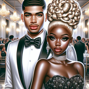 A light skin African American couple at a fancy ballroom event....