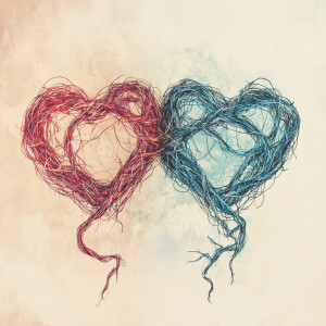 Two hearts connected by tangled string, soft colors, symbolic an...