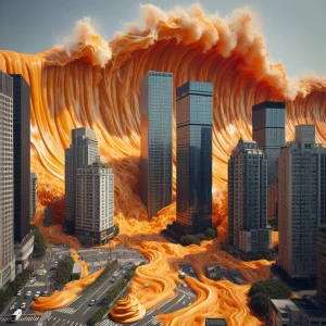 Create an image of a massive orange pudding tsunami engulfing a bustling metropolitan area, with skyscrapers partially submerged and city streets.