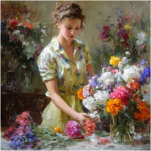 Композиция цветочный мастер-класс. Девушка собирает букет из раз...