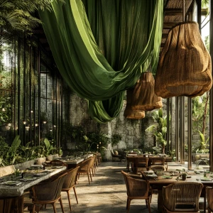 Tropical forest and  stone indoor outdoor restaurant with huge g...