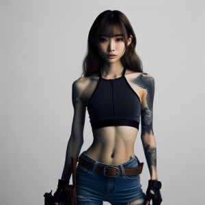 Thin Asian teen girl wearing tight jeans and a halter top Long brown hair and bangs, tattoos on her arms, athletic heroic pose