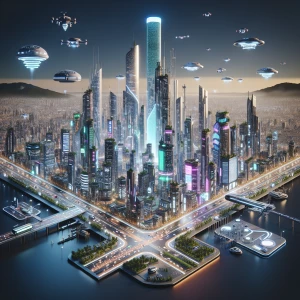 a futuristic city in the year 2050, featuring skyscrapers with s...