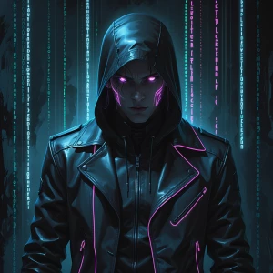 Create an oil painting depicting a shadowy hacker in the dim, ee...