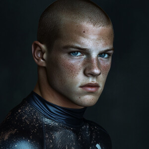 Craft a high-resolution, photorealistic image of a young 18-year...