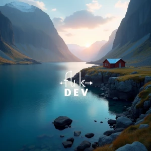 A futuristic and visually striking digital artwork with "Flux Dev" text. A breathtaking Icelandic fjord at sunrise, with crystal-clear water, towering cliffs, and a small wooden cabin nestled among the rocks