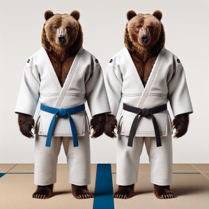 Два медведя в белом и синем кимоно по дзюдо с чёрным поясом, сто...