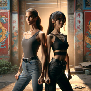 Athletic Thin skinny Attractive, Asian teenage girl, long brown hair and bangs, wearing tight skinny jeans and a halter top paint marks on her clothing, heroic pose Asian graffiti background, backside view