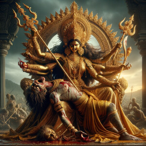 portrait of angry looking goddess durga sitting on a gold crown and carrying a weak mahishasur on her lap and stabbing him with her amazingly designed trident. She is wearing gold armor, a huge gold crown, gold saree, abundant  gold jewelry, covered in blood. The scene is set in ancient India. The image is 8K resolution, cinematic, ultra detailed face and epic.