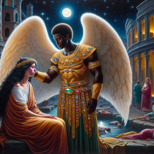 Create an oil painting image featuring a male angel and a grievi...