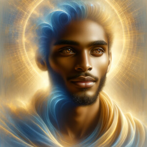 Create a beautiful African-American Jesus Christ with Hazel, brown eyes and blue and gold robe