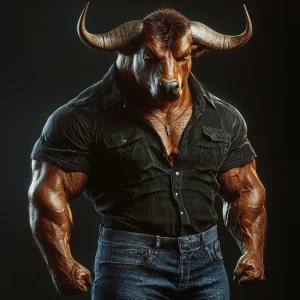 Create a photorealistic image of a Taurus man-bull hybrid with e...