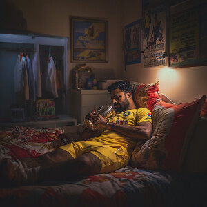 A humorous scene in a cozy room where MS Dhoni, dressed in a Che...