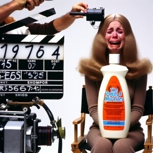 Create a photograph of a woman going off script and crying durin...