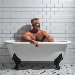 A bodybuilder man is sitting in an old-style bathtub that is whi...