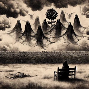 Create a monochrome image depicting a desolate grassy field boun...