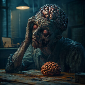 A zombie looking for his brain,  egxrated confused look on zombi...