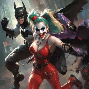 Generate a full-body illustration featuring Harley Quinn in her...