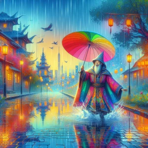 Vibrant color palette, rainy spring day: a person holding a brig...