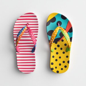 Design a pair of colorful bright flip-flops, one with stripes an...