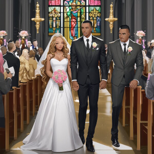 Create a realistic airbrushed illustration of a beautiful African-American couple at their wedding. The woman has flawless makeup, long wavy hair, and wears a spectacular gown adorned with various types of jewels, embodying elegance and sophistication. Her partner, an African-American man, is dressed in a sleek black Gucci suit and sports a fade crop top haircut, adding a modern flair to his dapper appearance. They stand together in a beautiful church, which is enhanced by colorful stained glass windows casting a vibrant glow around them, adding to the solemnity and joy of the occasion. The image should capture the essence of their love and the intricate details of their attire and the setting, all in a heavily HDR style at 300 dpi.