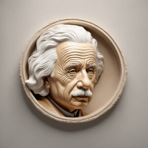 Head portrait of Einstein sgainst a neutral backdrop, 3d bas rel...