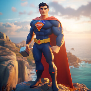 Image is a 3d featuring a superhero character with a muscular bu...