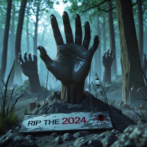 Mysterious hand raising from the grave its dragging a sign sayin...