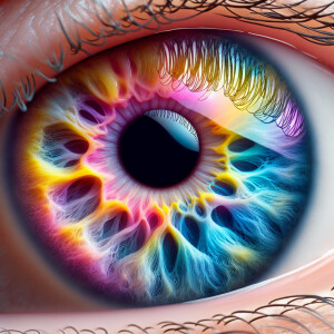 multicolored eyes, prominently featuring shades of blue, pink, a...