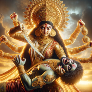 photograph of gorgeous goddess durga slaying mahishasur by carrying him like a baby and stabbing him with her fingernails. she should wear Gold jewelry all over the body. she is angry. sunset in the background. Epic scene. 4k, HDR.