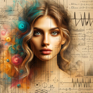 Abstract, minimalist, painting, with pencil line, paint stroke, gestures, colorful marks, mathematical equations, electrical cardiogram, printouts complex math formulas, dna asian teen girl