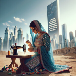 A punjabi young lady sewing in front of motivational billboard i...