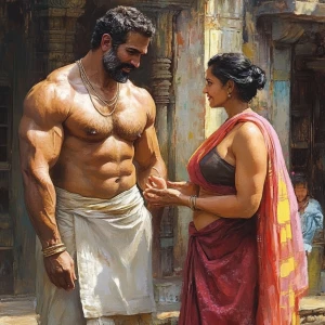A filthy rich muscular indian sweaty beefy man talking to his 52...