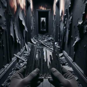 A destroyed hallway from a fire, all black but very eerie. Up cl...