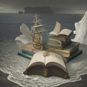 An open book with 3 dimensional photo of a sailing ship on a roc...