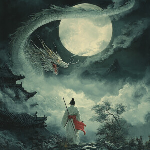 Ronin in moonlight with the spirit of a dragon in the sky