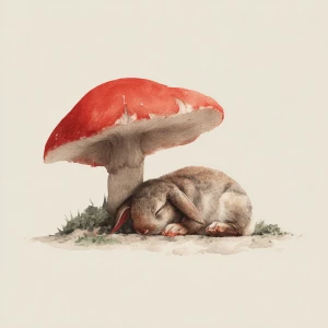Sleeping rabbit under giant red and white mushroom, gentle pose,...