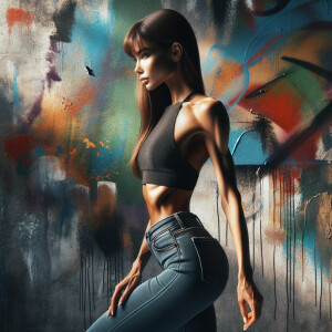 Athletic Thin skinny Attractive, Asian teenage girl, long brown hair and bangs, wearing tight skinny jeans and a halter top paint marks on her clothing, heroic pose Asian graffiti background, side view