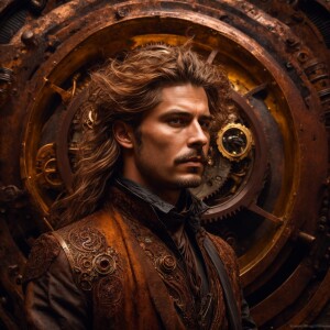 detailed rusty steampunk man with flowing hair, whimsical, surre...