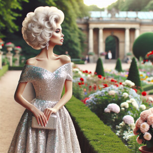 A breathtakingly beautiful woman with elegant white hair styled...