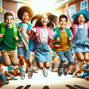 Create a great realistic photo of kids jumping for joy with thei...