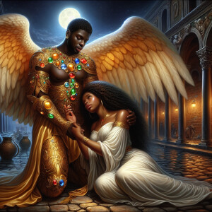 Create an oil painting image featuring a male angel and a grievi...
