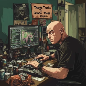 A bald man with a weary expression, dressed in a black t-shirt,...