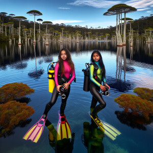 Two girls in scuba gear are standing near the lake and there are...